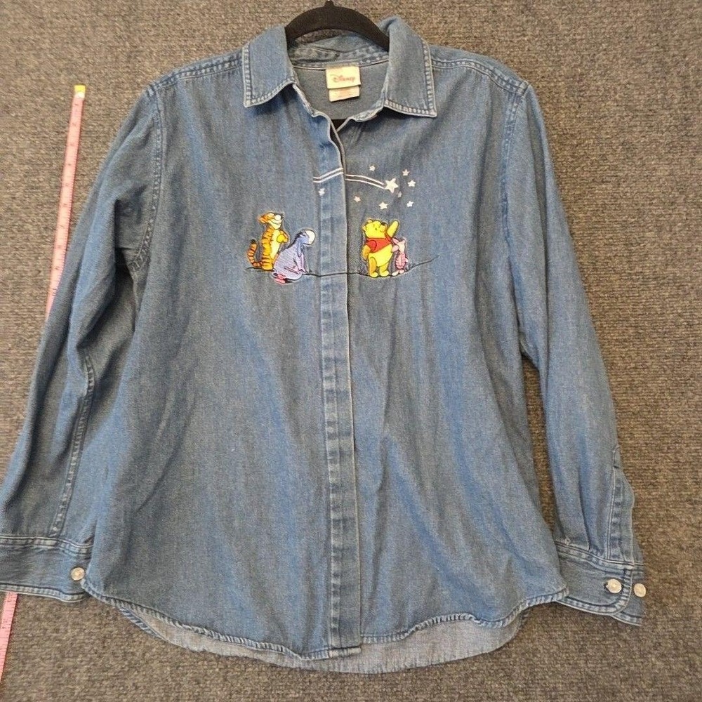 Disney Store Button Up Shirt Womens L Blue Denim Winnie The Pooh Embroidered Top